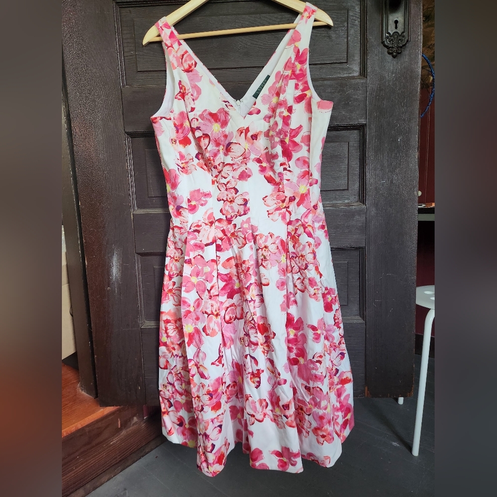 Ralph Lauren Pink and White Sleeveless V-Neck Sundress